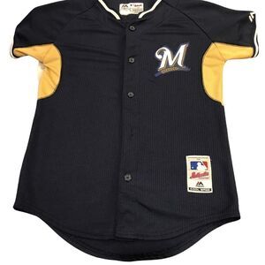 Majestic MLB Milwaukee Brewers Cool Base Jersey Navy Gold Youth‎ Size Medium
